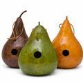 Handcrafted gourd birdhouses for wrens and chickadees in brown, green, and yellow