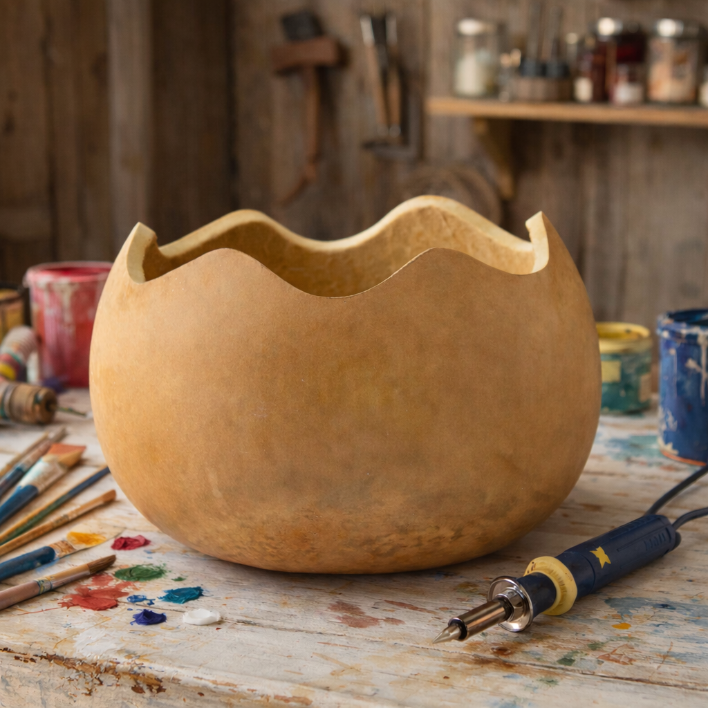 Precut 8-inch dried gourd bowl with scalloped edge, sanded base, and natural finish ready for crafting and painting