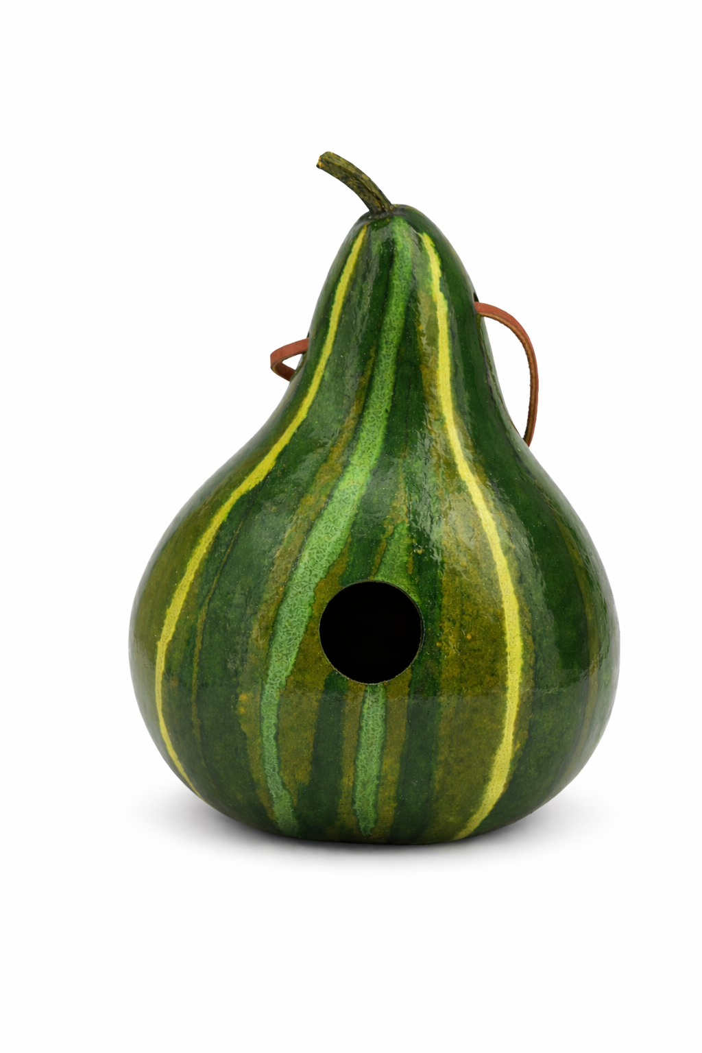 Handmade green striped gourd birdhouse with 1.5" entrance hole for wrens and chickadees, designed for outdoor hanging.