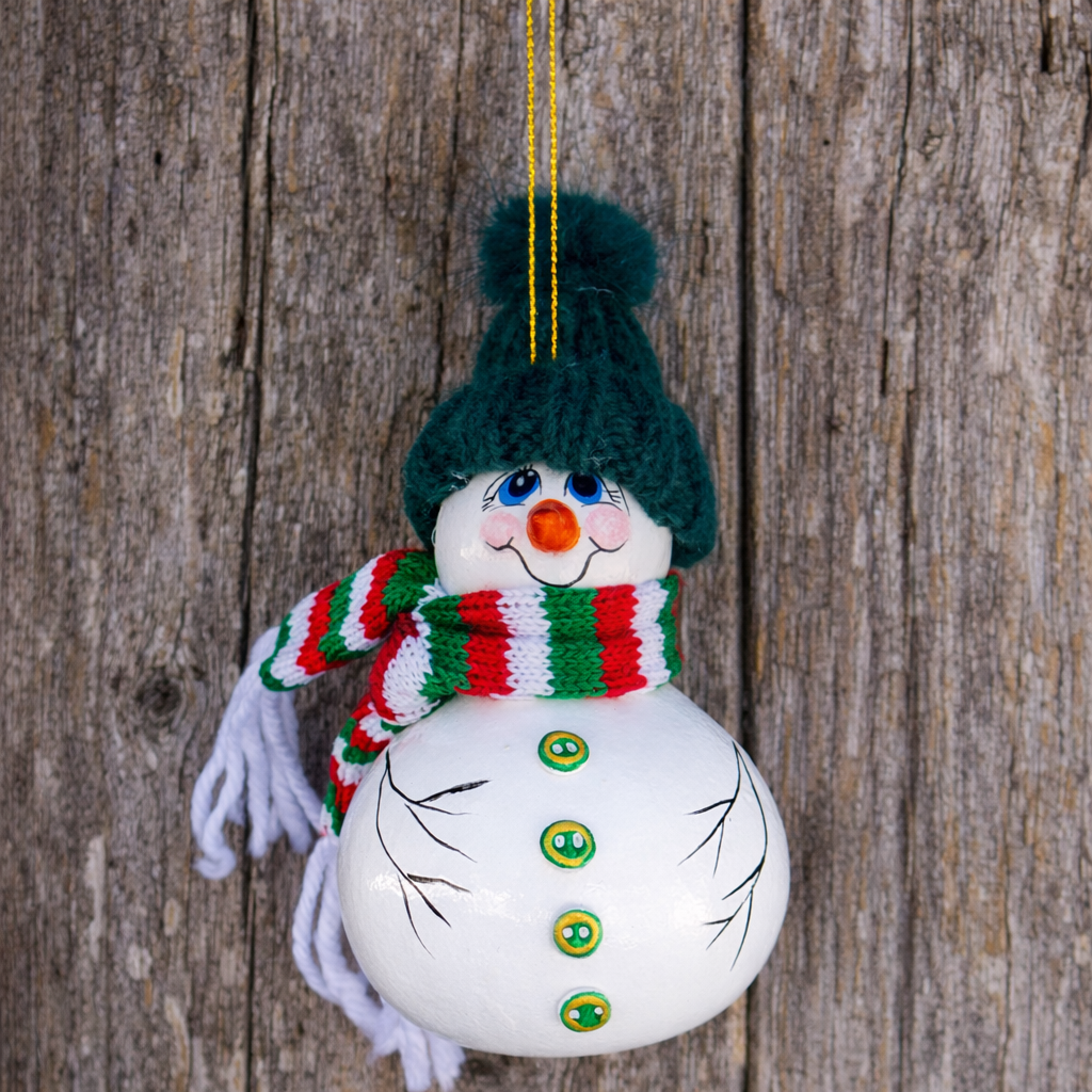 Hand painted snowman gourd ornament with red or green hat for Christmas tree decoration