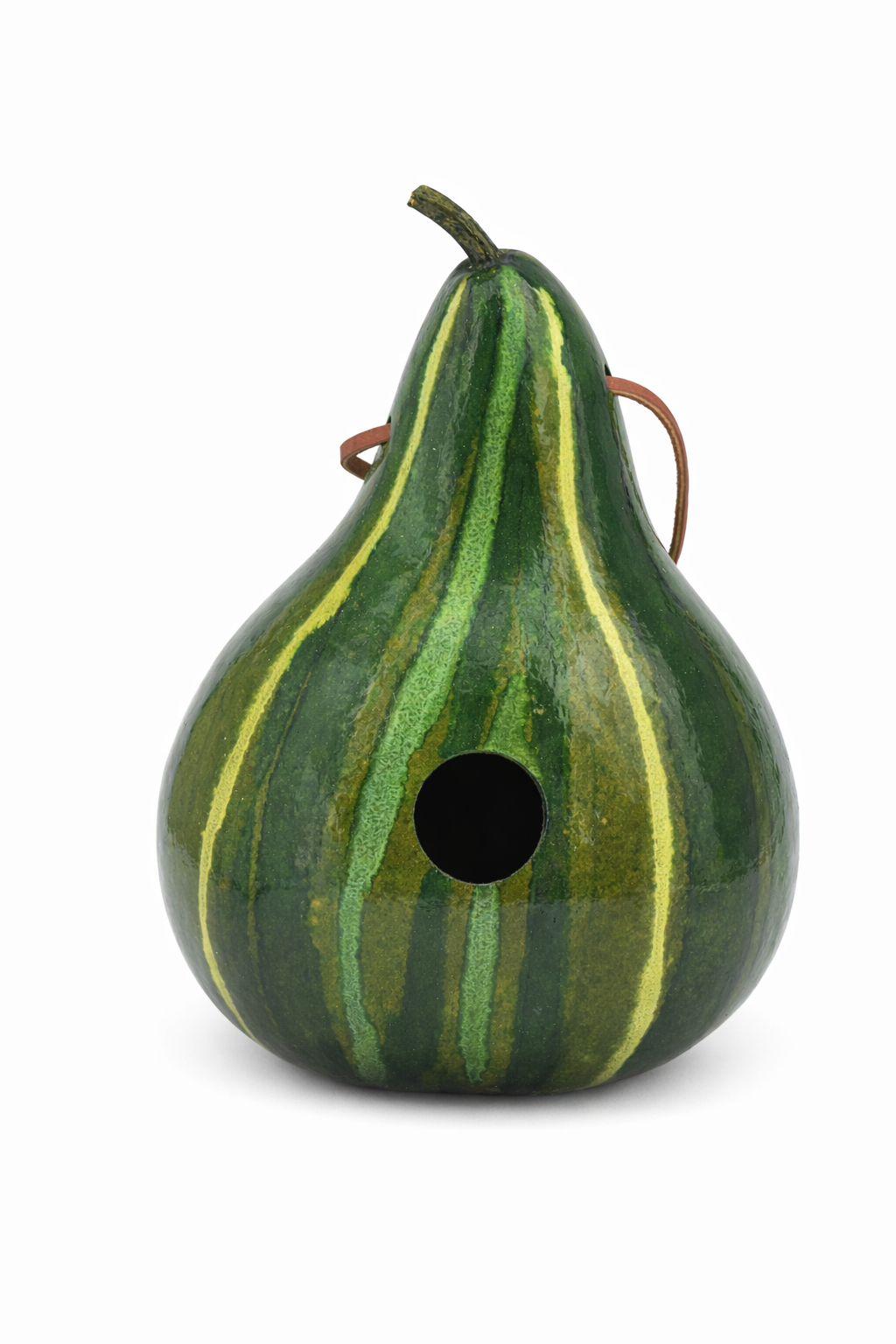 Handmade green striped gourd birdhouse with 1.5-inch entrance, ideal for wrens and chickadees, featuring natural breathable material and pre-attached hanging loop.