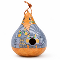 Hand-painted grey tabby gourd birdhouse with 1.5 inch hole, handmade in USA for small backyard birds