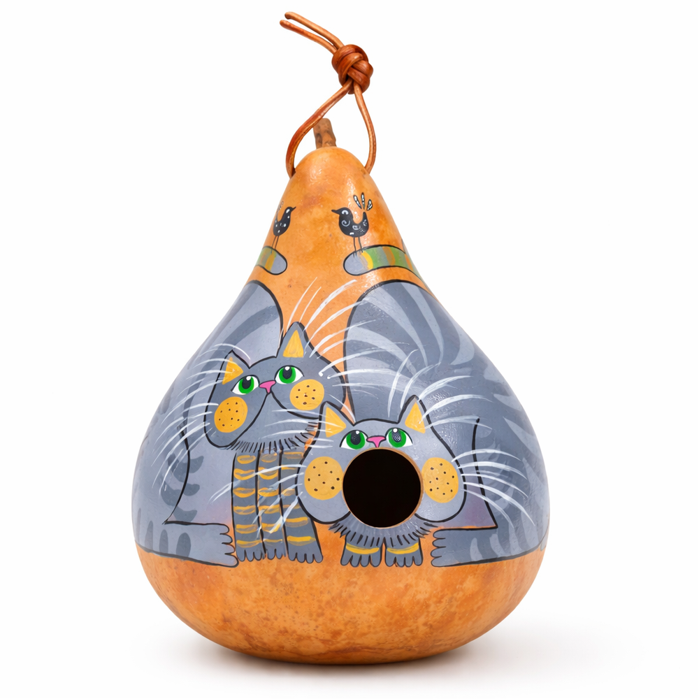 Hand-painted grey tabby gourd birdhouse with 1.5 inch hole, handmade in USA for small backyard birds