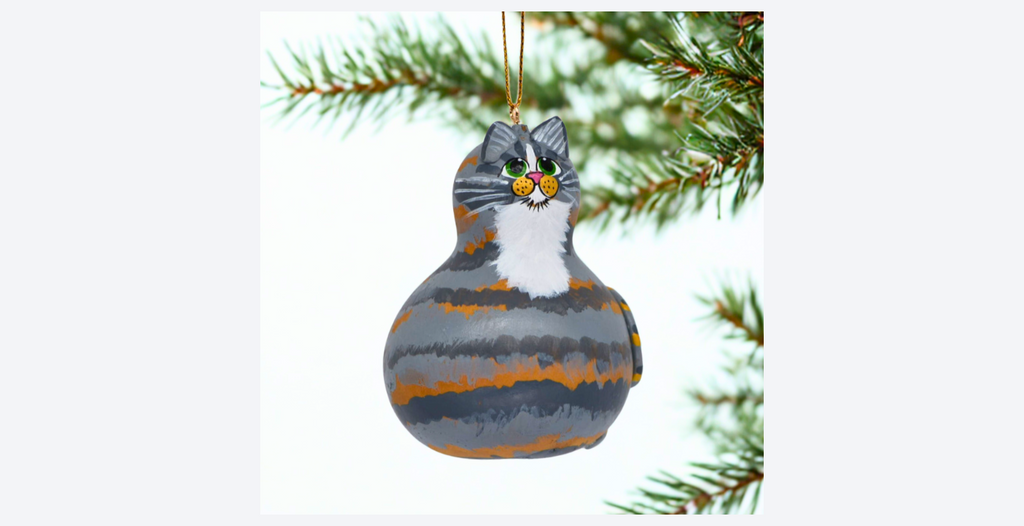Piper the Gray Tabby Cat Ornament – Handcrafted Gourd Cat with White Bib