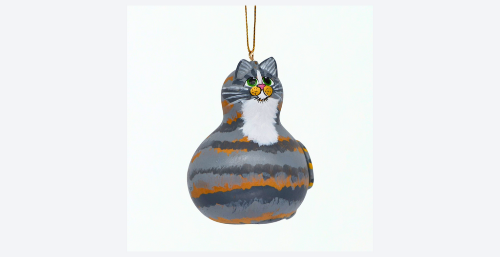 Piper the Gray Tabby Cat Ornament – Handcrafted Gourd Cat with White Bib
