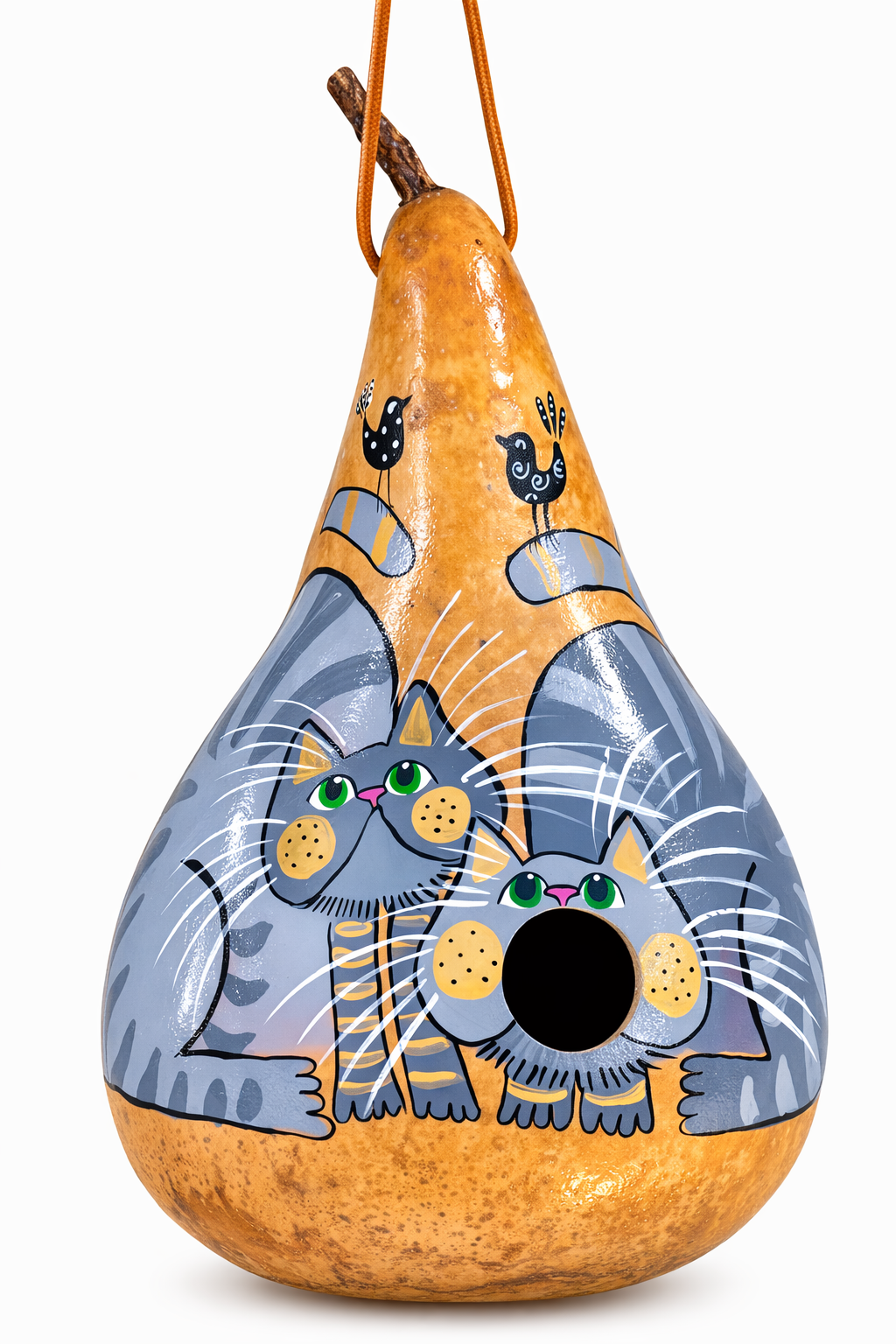 Hand painted grey tabby gourd birdhouse with leather strap for outdoor garden decor, made in USA