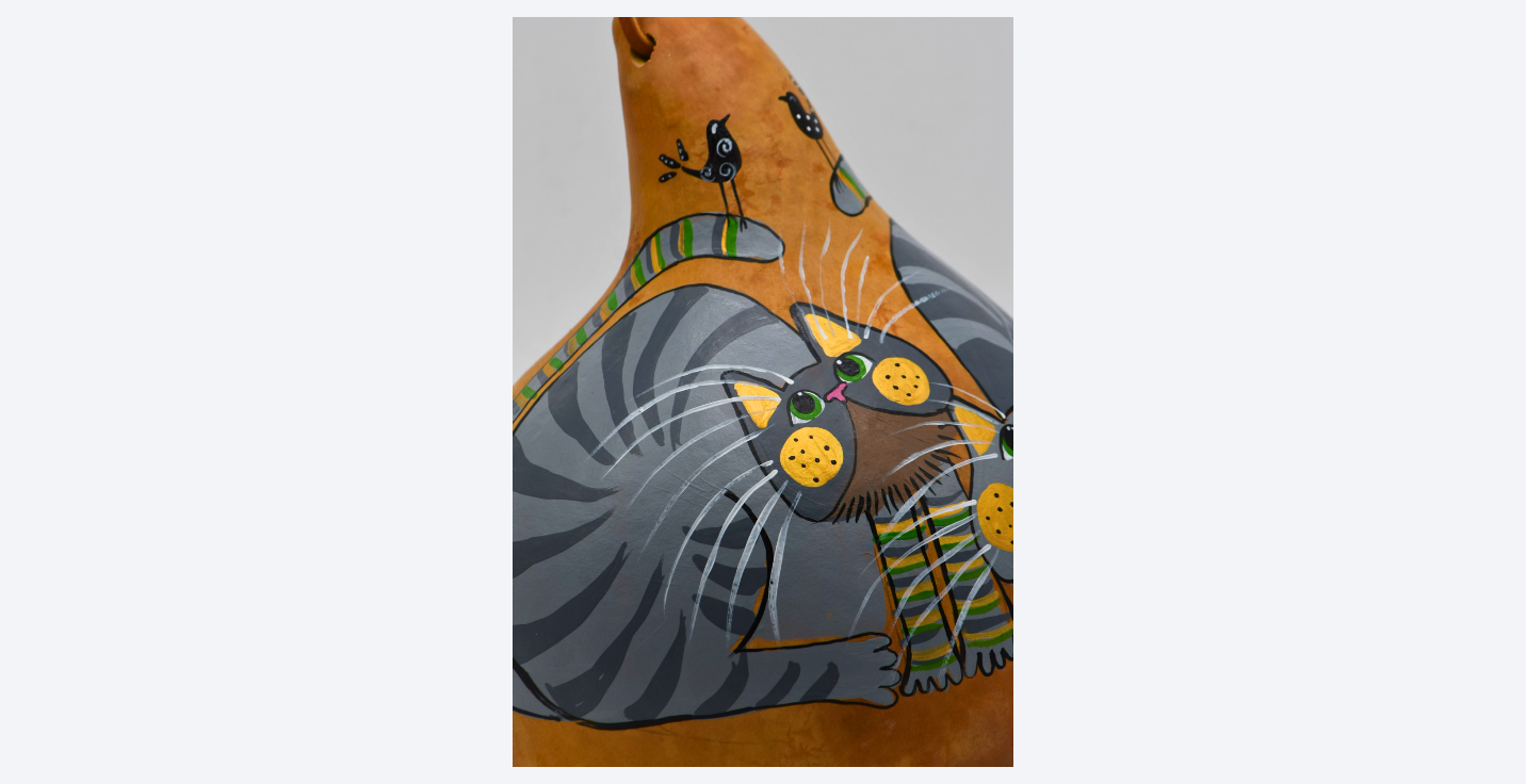 Hand painted grey tabby gourd birdhouse with leather strap, USA made outdoor garden decor for small backyard birds