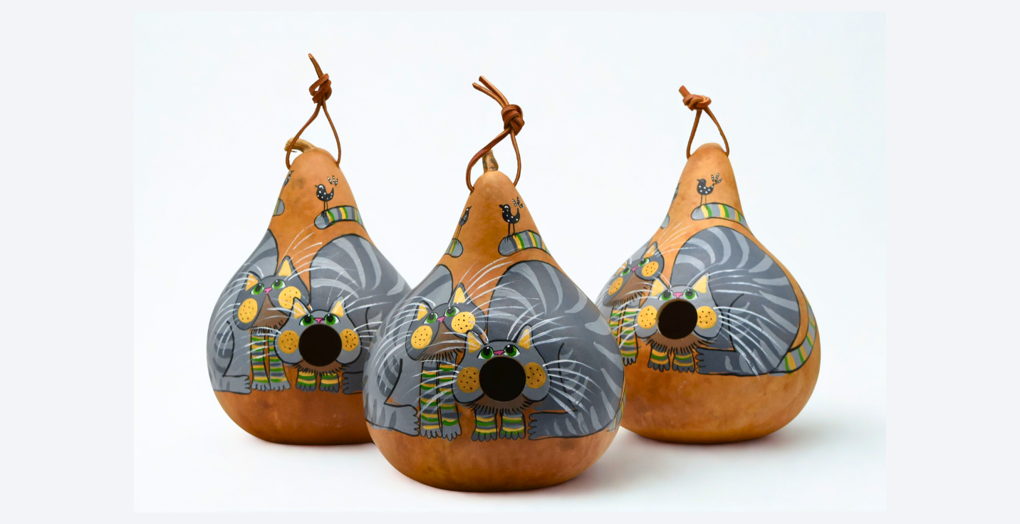 Hand painted grey tabby gourd birdhouse with leather strap for small backyard birds, made in USA garden decor