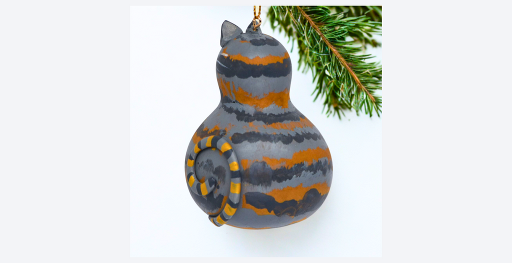 Piper the Gray Tabby Cat Ornament – Handcrafted Gourd Cat with White Bib