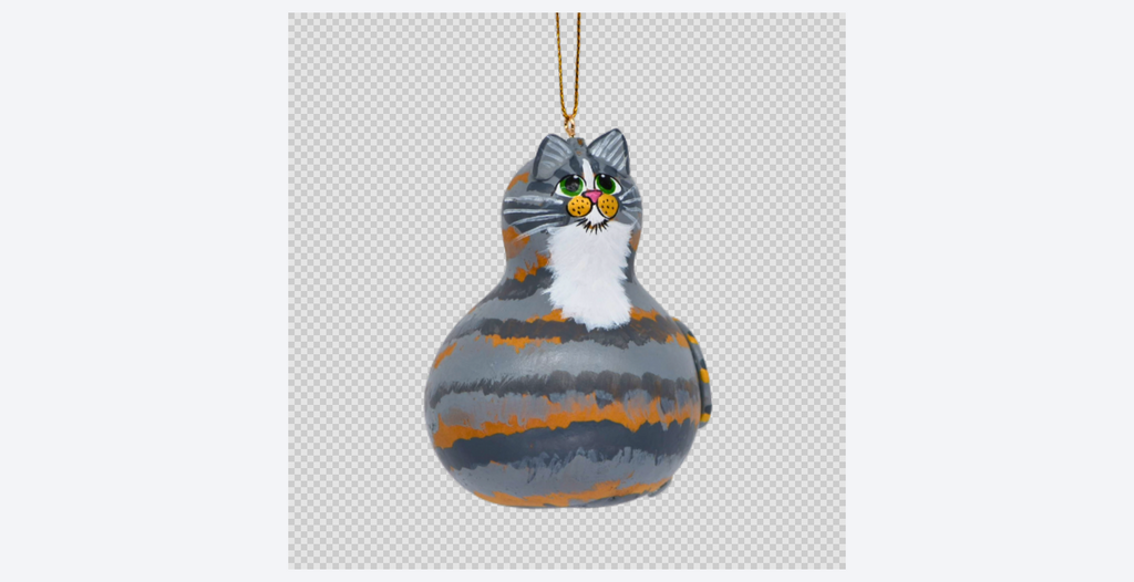 Piper the Gray Tabby Cat Ornament – Handcrafted Gourd Cat with White Bib