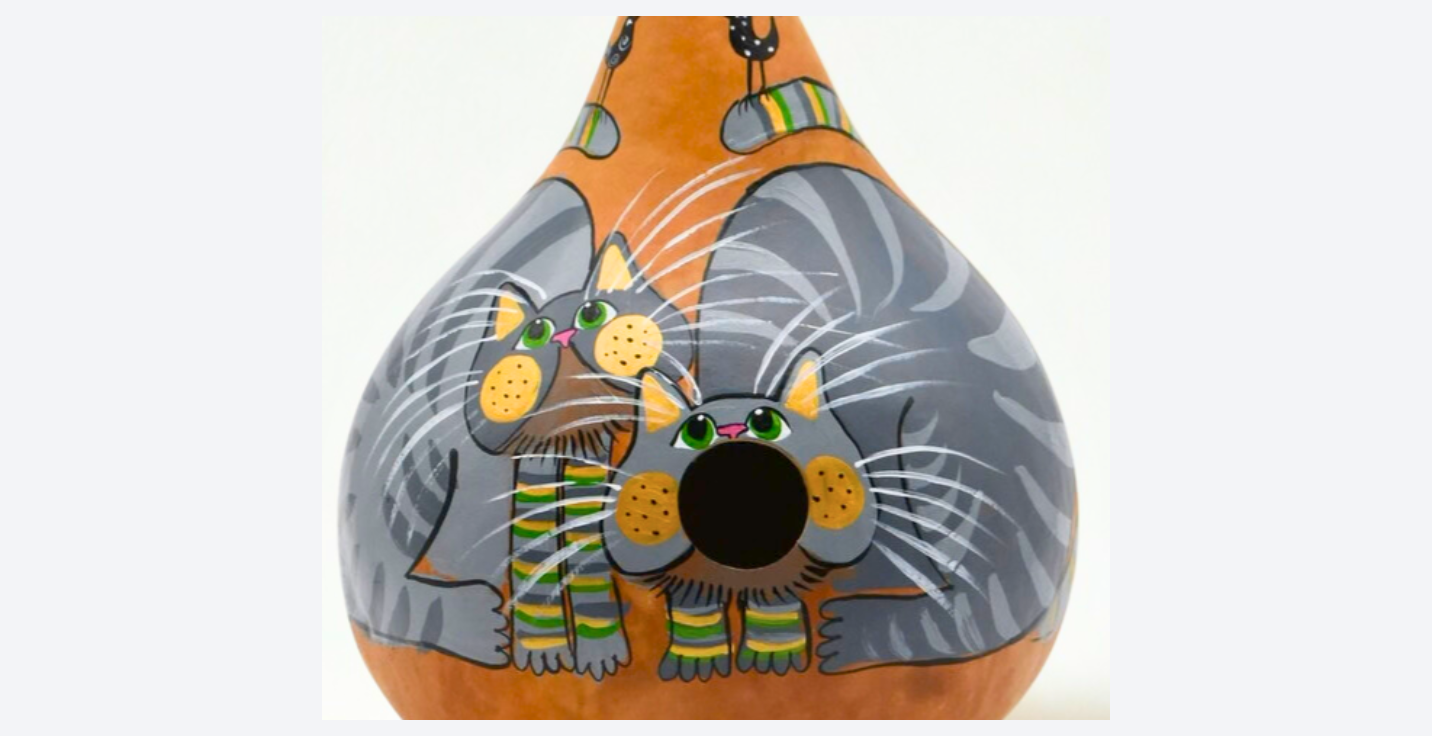 Hand painted grey tabby gourd birdhouse with leather strap, outdoor garden decor for small birds, made in USA