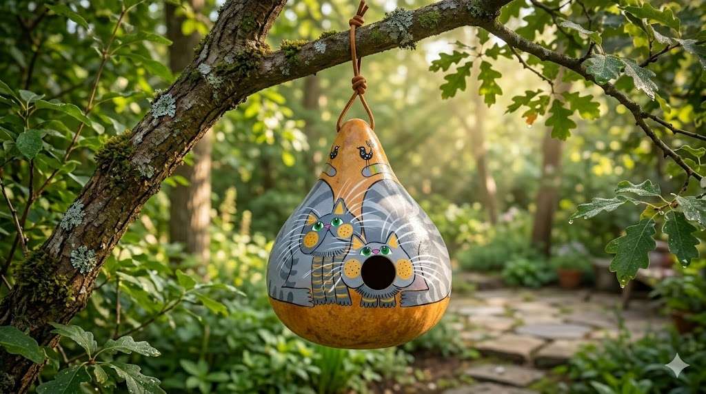 Hand painted grey tabby gourd birdhouse with leather strap, USA-made garden decor for small birds