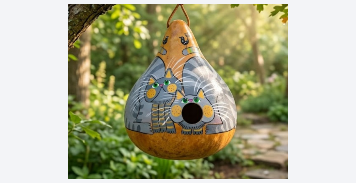 Hand painted grey tabby gourd birdhouse with leather strap, outdoor garden decor made in USA