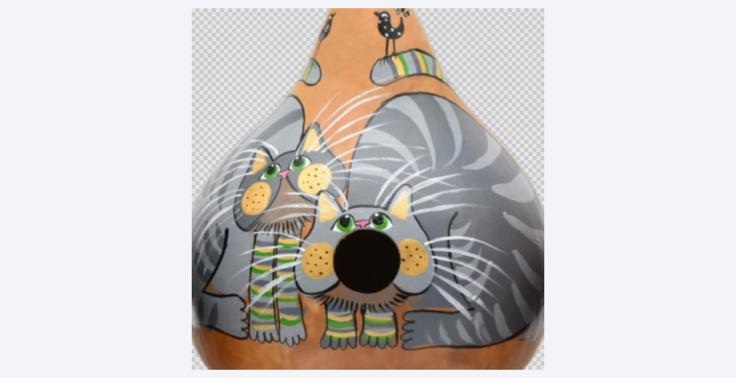 Hand painted grey tabby gourd birdhouse with leather strap, made in USA for small backyard birds