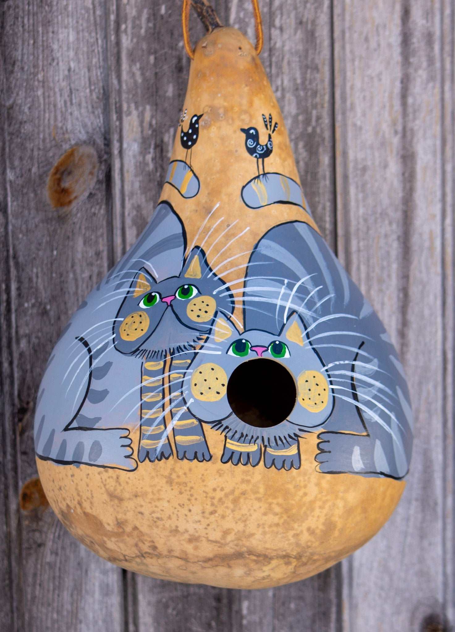 Hand painted grey tabby gourd birdhouse with leather strap, made in USA for small backyard birds.