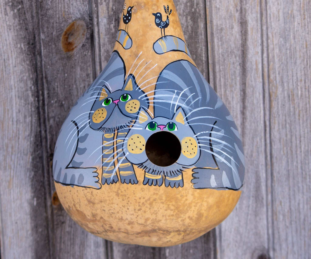 Hand painted grey tabby gourd birdhouse for small birds, made in the USA with durable outdoor finish and leather hanger.