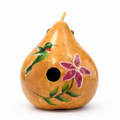 Decorative gourd birdhouse with a painted hummingbird and flower on a white background