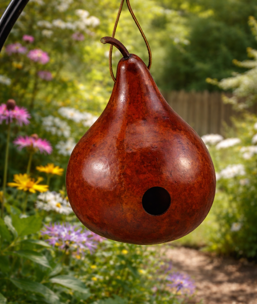 Gourd birdhouse hanging from a hook with a garden background