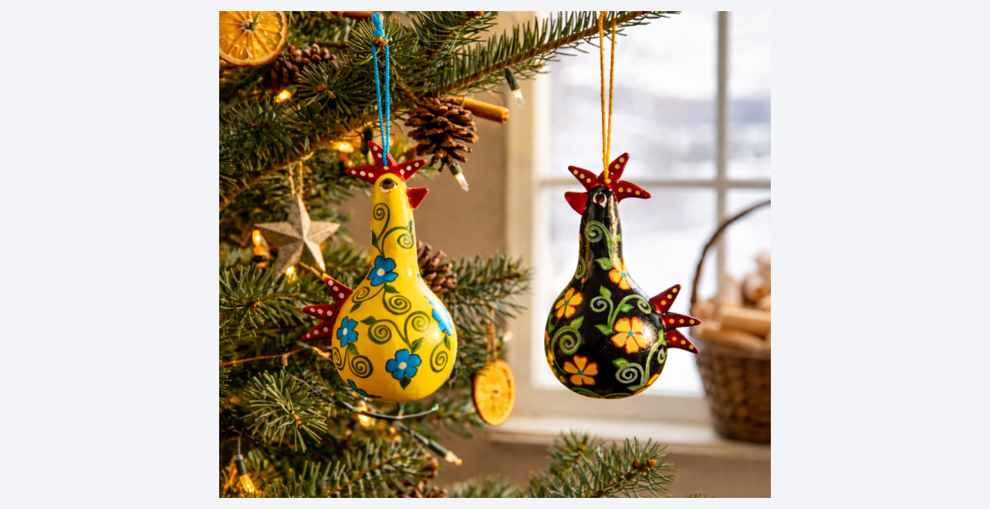 Handmade Chicken Ornament Set (2) – Hand Painted Gourd Christmas Ornaments