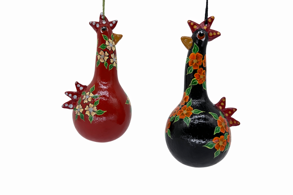 Hand Painted Chicken Gourd Ornament Set – Farmhouse Rooster Decor – Handmade Country Kitchen Gift