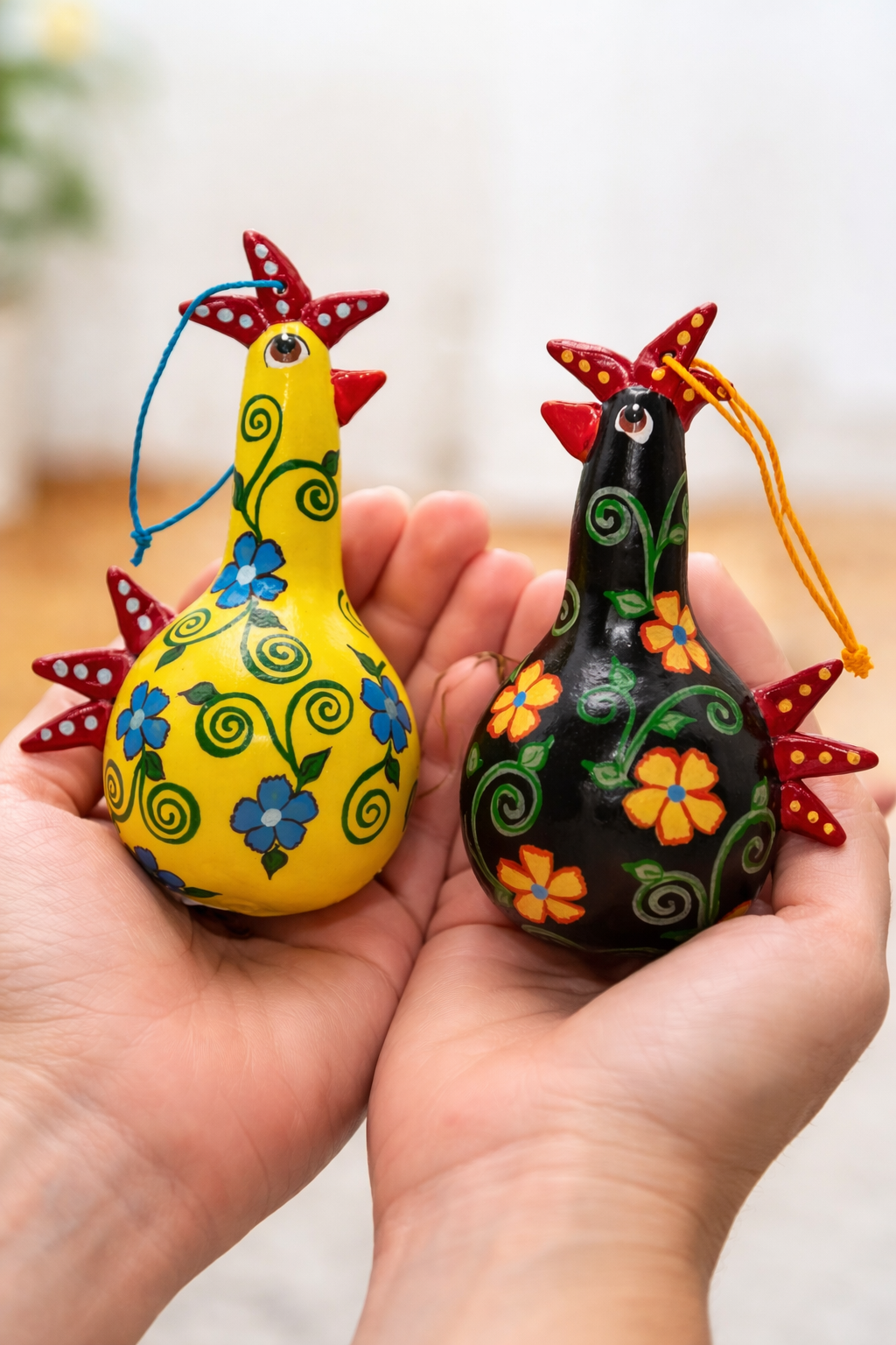 Handmade Chicken Ornament Set (2) – Hand Painted Gourd Christmas Ornaments
