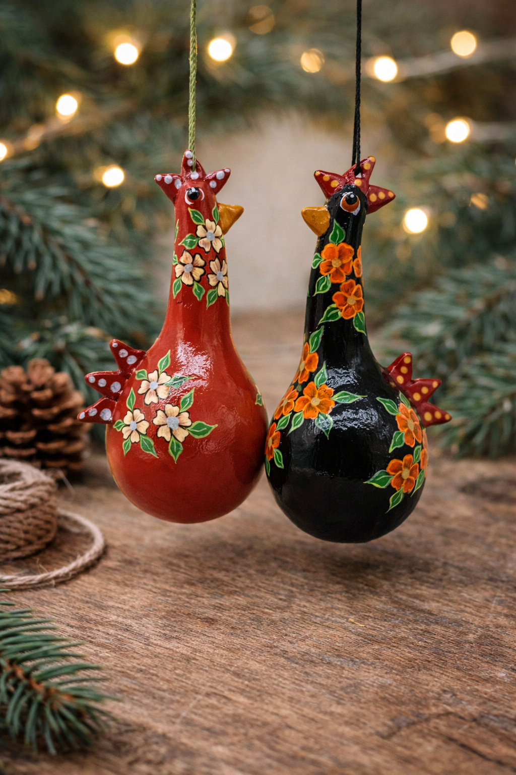 Hand Painted Chicken Gourd Ornament Set – Farmhouse Rooster Decor – Handmade Country Kitchen Gift