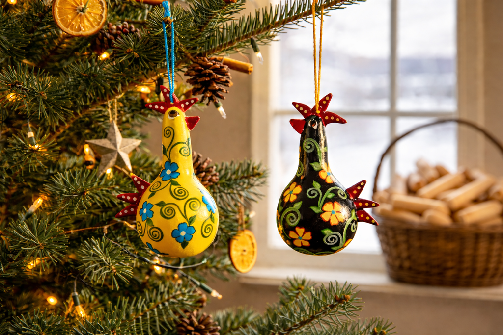 Handmade chicken ornament set of two hand painted dried gourds for farmhouse Christmas decor
