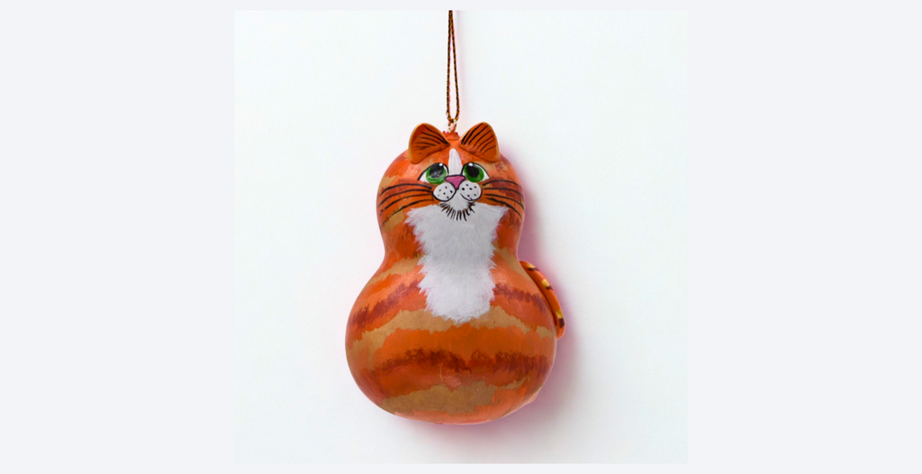 Hand painted orange tabby cat gourd ornament with white bib, unique natural dried gourd decoration