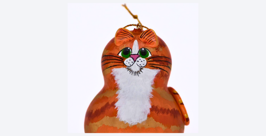 Hand-painted orange tabby cat gourd ornament with white bib, unique and lightweight decoration