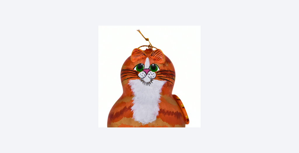 Hand painted orange tabby cat gourd ornament with white bib, unique and lightweight, perfect gift for cat lovers