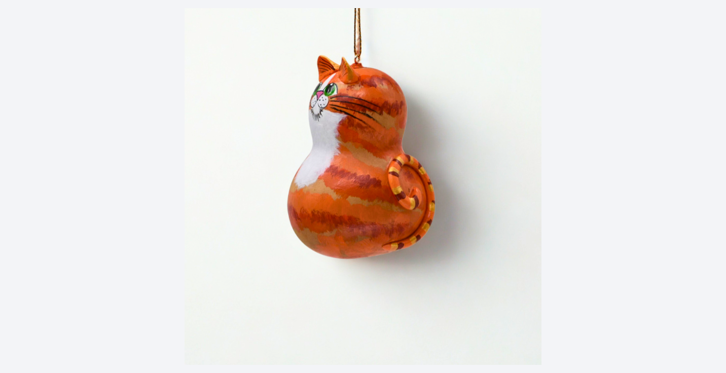 Hand painted orange tabby cat gourd ornament with white bib, 4-inch unique decoration