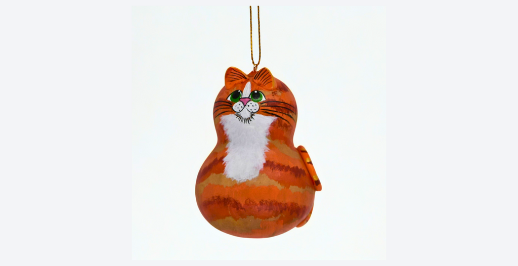 Hand painted orange tabby cat gourd ornament with white bib, lightweight and unique handcrafted decoration