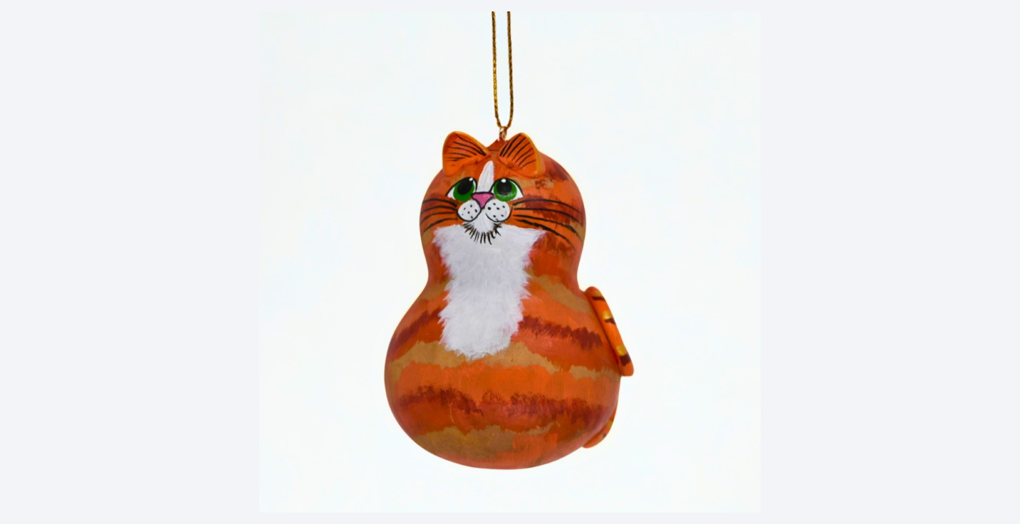 Hand painted orange tabby cat gourd ornament with white bib, lightweight and unique handcrafted decoration