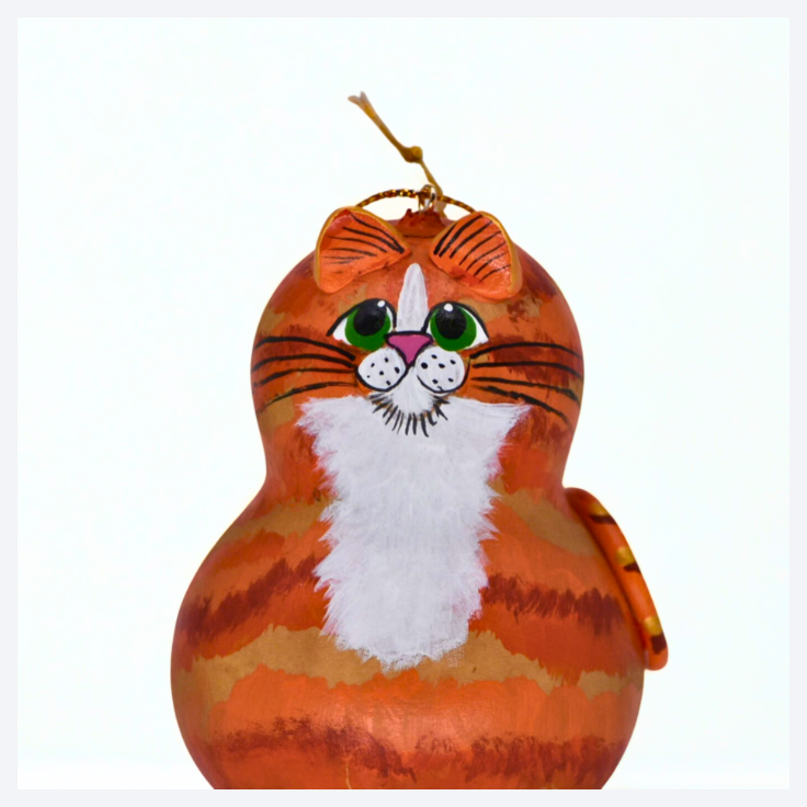 Hand painted orange tabby cat gourd ornament with white bib, lightweight and unique holiday decoration