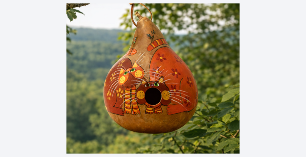 Orange Tabby Birdhouse Cat – Hand-Painted Floral Tabby with 1.5" Hole for Birds
