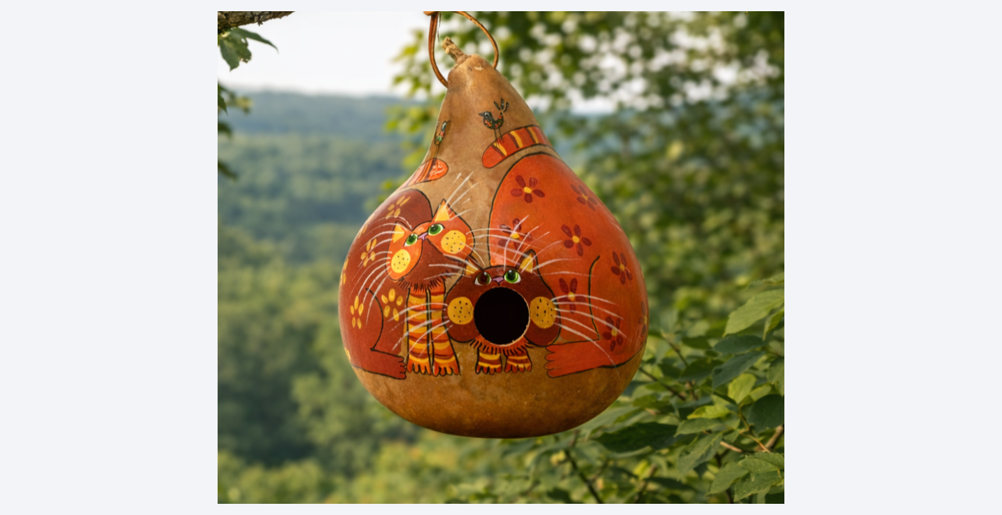 Orange Tabby Birdhouse Cat – Hand-Painted Floral Tabby with 1.5" Hole for Birds