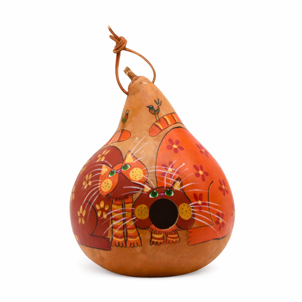 Orange Tabby Birdhouse Cat with floral design and 1.5-inch bird entrance hole