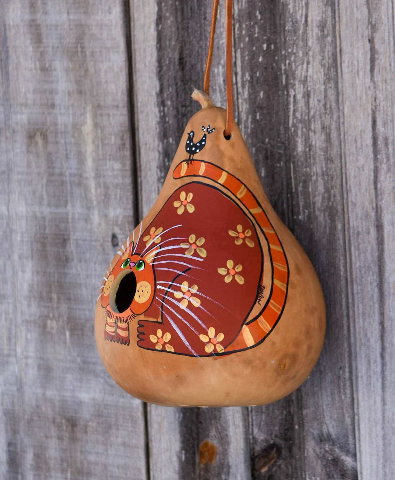 Orange Tabby Birdhouse Cat – Hand-Painted Floral Tabby with 1.5" Hole for Birds