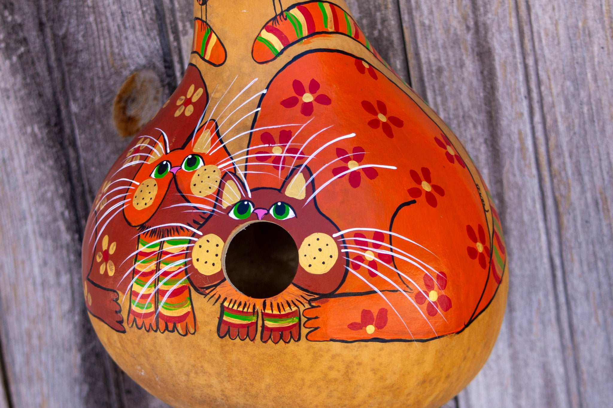 Orange Tabby Birdhouse Cat – Hand-Painted Floral Tabby with 1.5" Hole for Birds