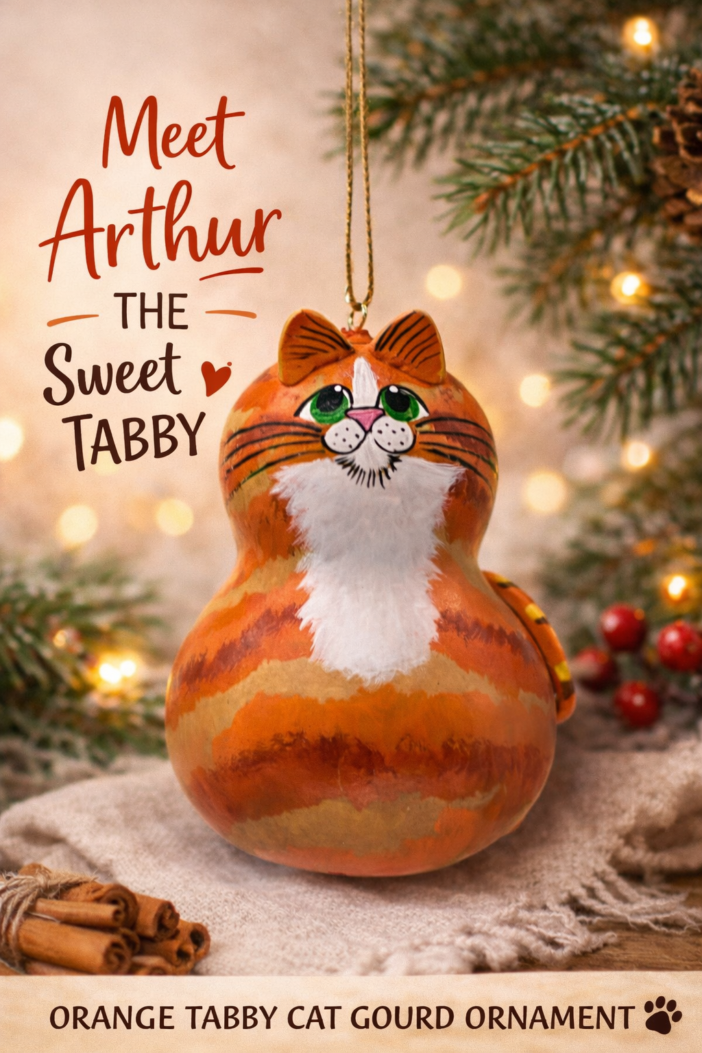 Hand-painted orange tabby cat gourd ornament with white bib, unique and lightweight decoration