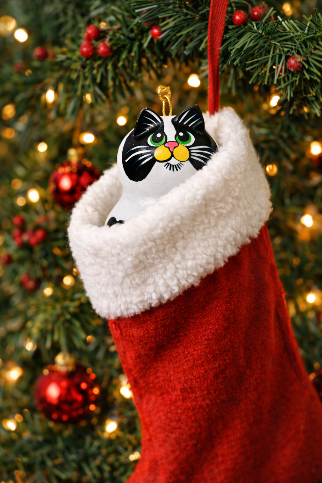 Hand painted Oswald Cow Cat Ornament on natural mini bottle gourd, unique cat lover gift
