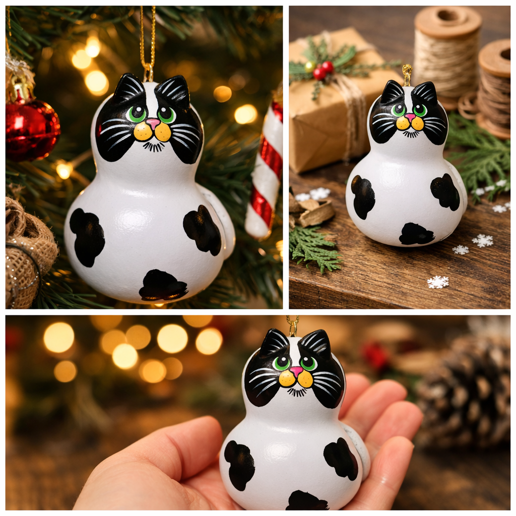 Hand painted cow cat ornament made from natural mini bottle gourd with sculpted ears and tail, perfect cat lover gift.