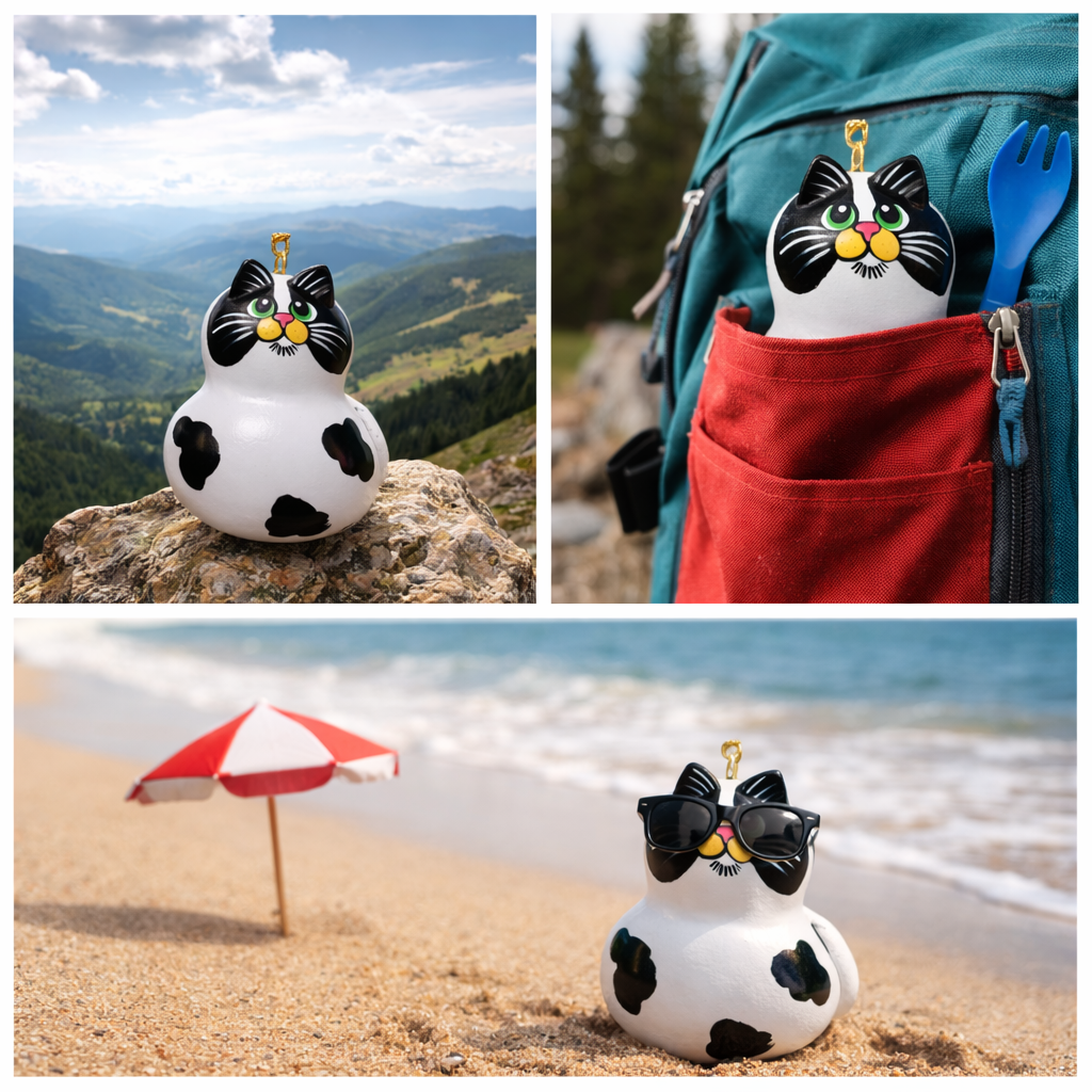 Hand painted cow cat ornament made from natural mini bottle gourd with sculpted ears and tail, perfect cat lover gift
