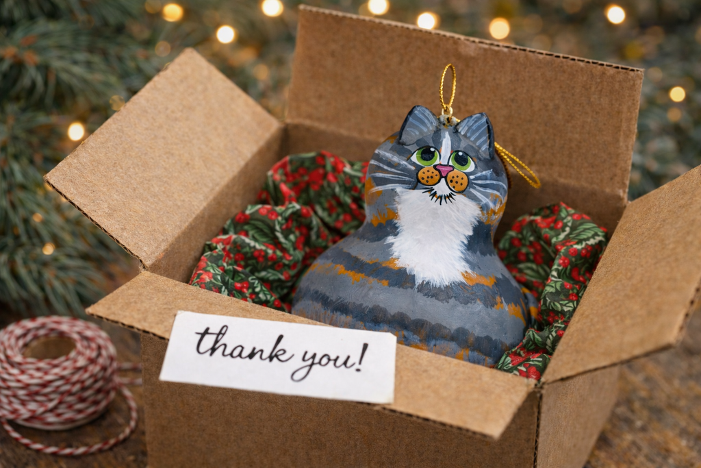 Piper the Gray Tabby Cat Ornament – Handcrafted Gourd Cat with White Bib