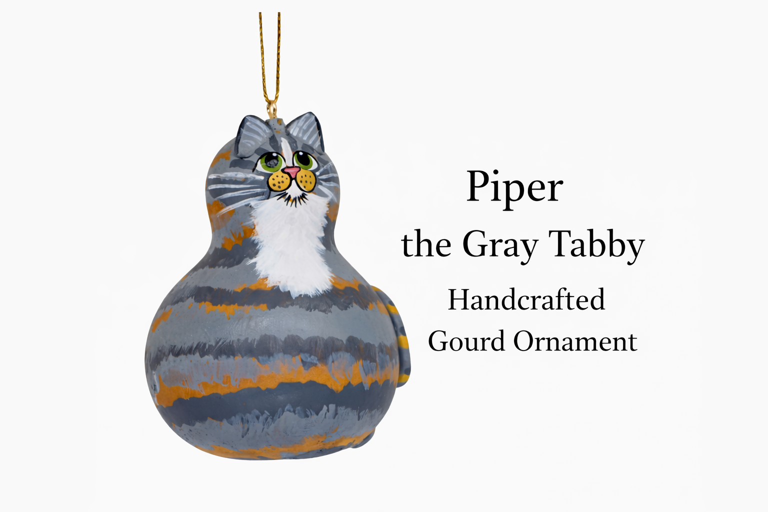 Piper the Gray Tabby Cat Ornament – Handcrafted Gourd Cat with White Bib