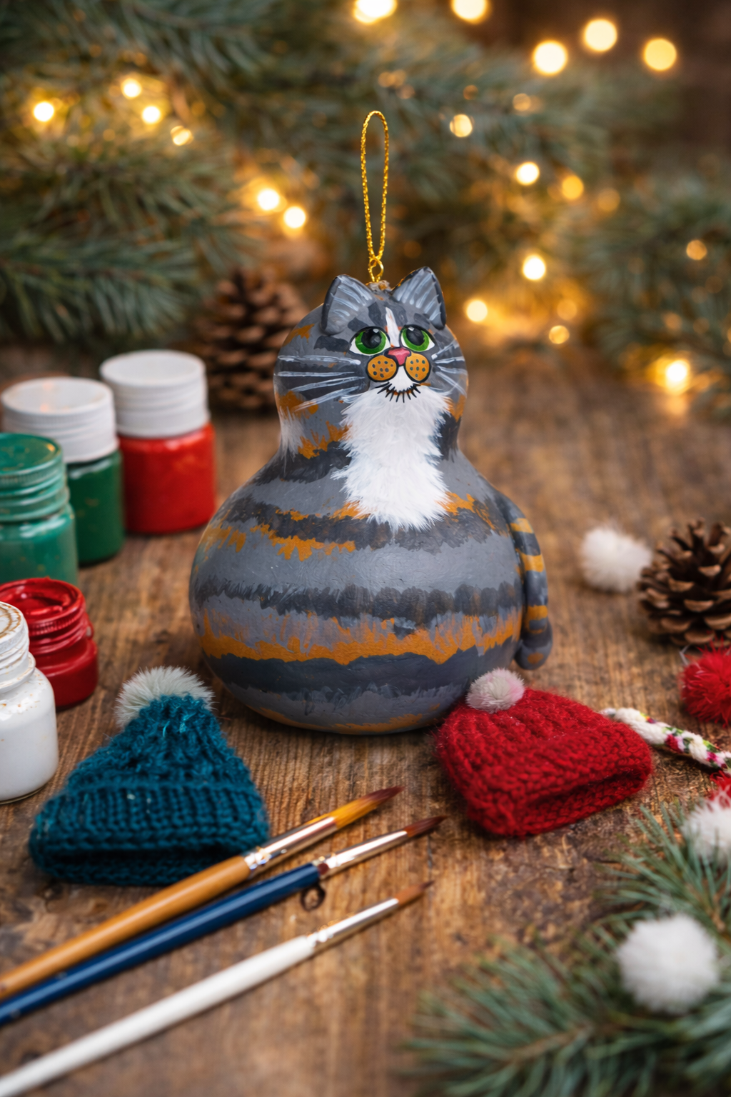 Piper the Gray Tabby Cat Ornament – Handcrafted Gourd Cat with White Bib