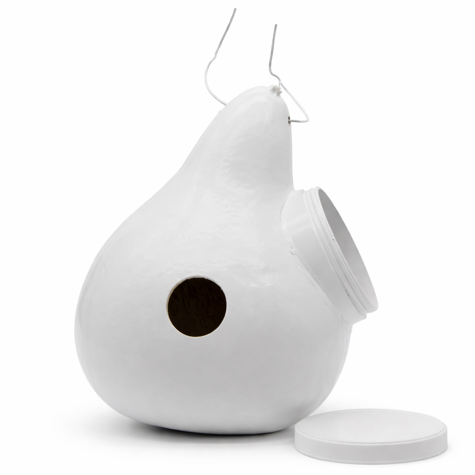 Handmade white Purple Martin gourd birdhouse with 2-inch entrance and side clean-out panel for outdoor nesting