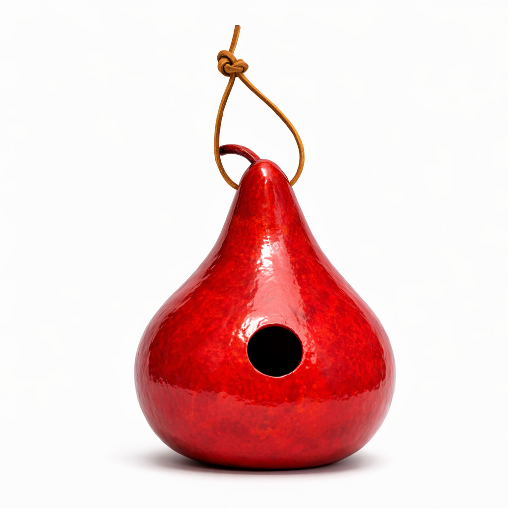 Red handcrafted gourd birdhouse with leather strap, drainage holes, and 1.5-inch entrance for small birds