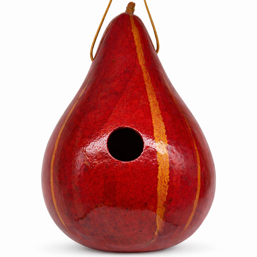 Handmade red gourd birdhouse with leather strap, rustic farmhouse garden decor