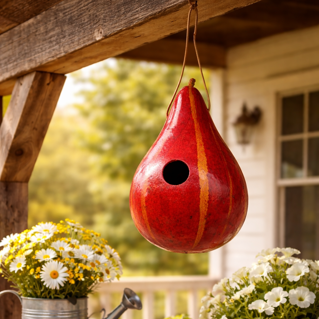 Red gourd birdhouse hanging on a wooden porch with flowers and a watering can.